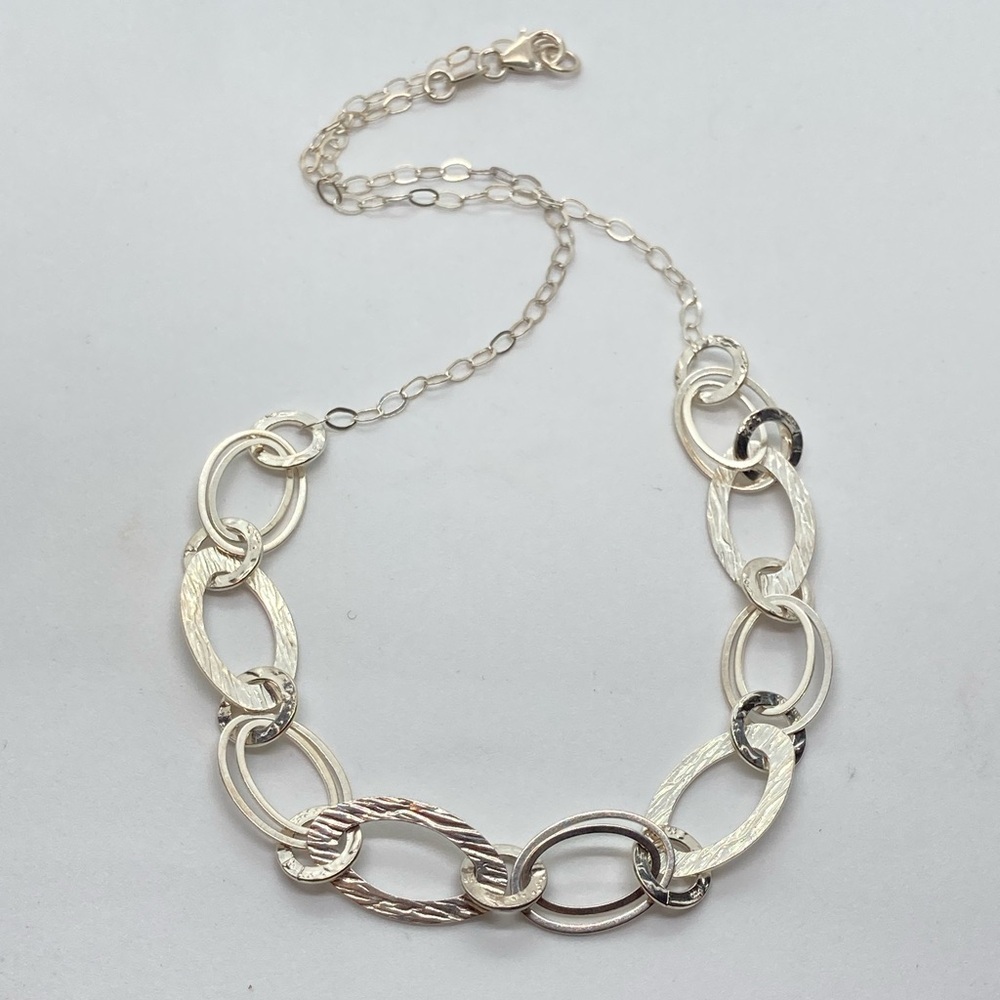 Vtg Sterling Silver Brushed Woodgrain Design Circle Links Necklace 18” 925 Italy